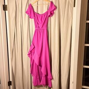 Bibi Magenta Pink Ruffle Maxi Dress Off Shoulder High Slit Flutter Sleeve S